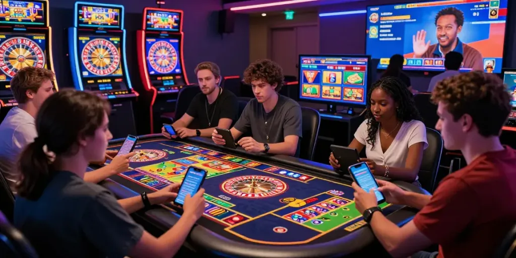 Engaging online gambling atmosphere showcasing rokok88 alternatif players enjoying interactive games with vibrant screens and lively interactions.