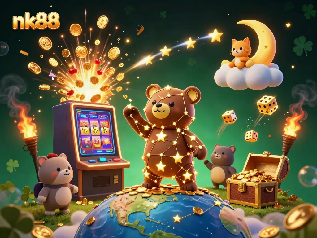 Experience thrilling jackpots with nk88 in a vibrant casino-themed 3D illustration filled with gold and excitement.
