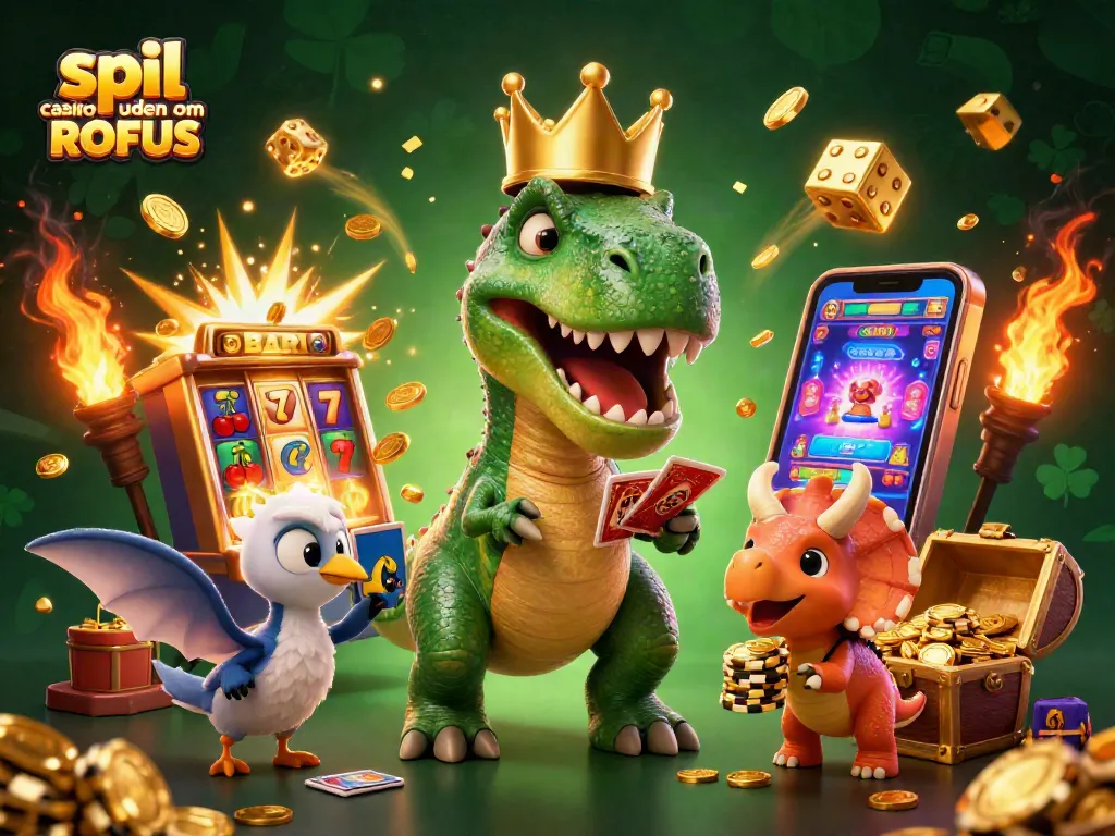 Play at spil casino uden om ROFUS with a vibrant 3D illustration featuring friendly dinosaurs and festive casino elements.