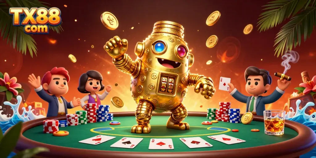 Experience the thrilling games at TX88 com, featuring exciting poker elements and a golden golem.