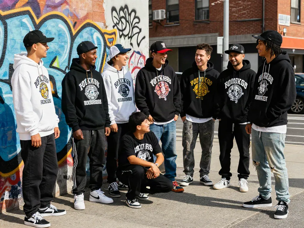 Stylish young adults wearing ROKOK88 merchandise near graffiti wall, embodying streetwear culture and fashion trends.